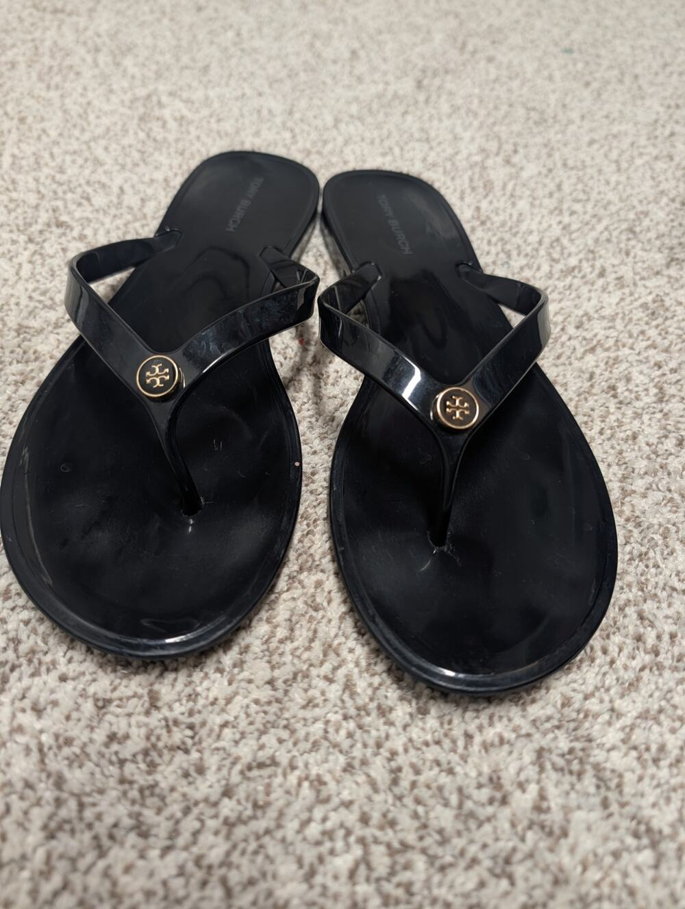 Tory Burch Black Jelly Logo Thong Flip Flop Sandals Gold Size 9
